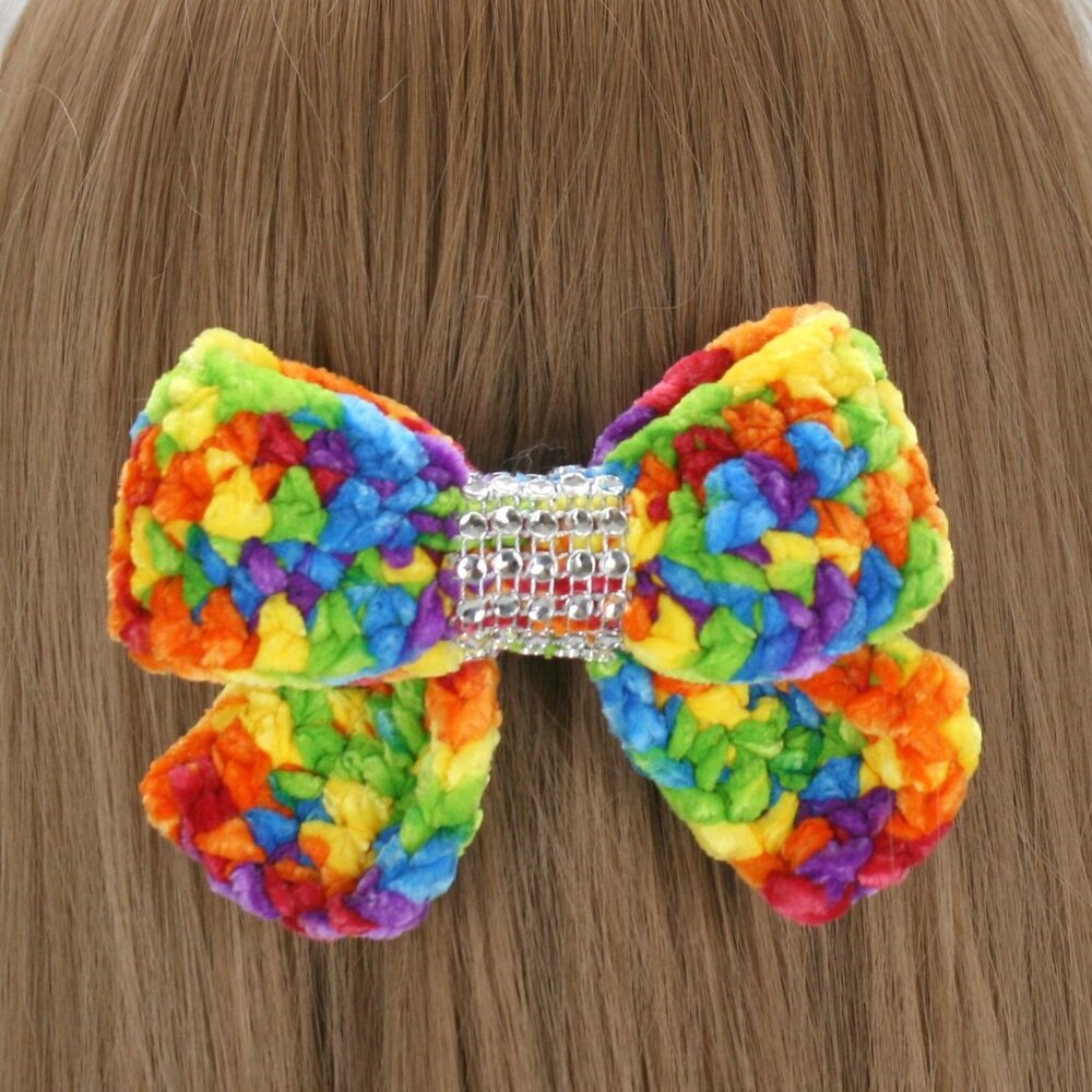 HAND CRAFTED Crochet Bow Chenille Velvet Hair Barrette Oversized Bling Rainbow